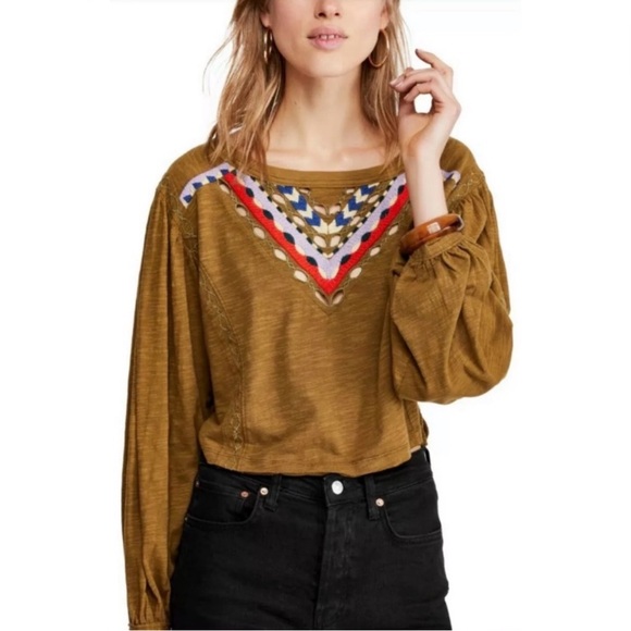 Free People Tops - Free People Olive Green Embroidered "Aries" Balloon Sleeve Top - Size L